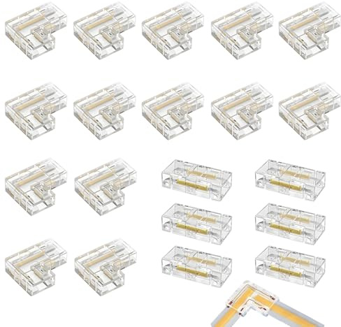 20 LED Streifen Verbinder Eckverbinder Mittelverbinder 8mm 2-Pin Set | Loetfreie Montage einfach, transparente Uebergangsstuecke, 12V 24V tauglich, Winkelstueck L-Form, passgenau passend