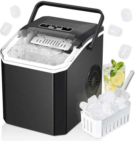 Eiswürfelmaschine, Ice Cube Maker 9 Eiswürfel in 6-8 Minuten,2 Größen von Bullet Ice,12KG/24H,Selbstreinigender Eiswürfelbereiter mit Griff für Küche, Büro, Bar und Party (Schwarz)