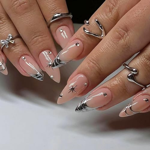 24PCS French Stick on Nails - Silver False Nails Long - Almond Press on nails French Tip - 3D Rhinestones Fake Nails with Glue - Full Cover Acrylic Nail Tips in 12 Sizes for Women DIY Manicure at Home