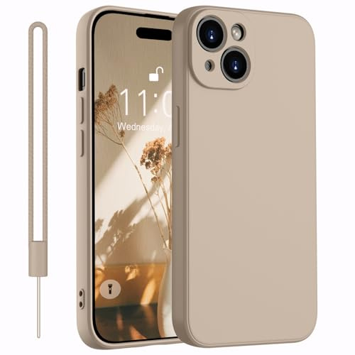 Kukiwhy für iPhone 15 Hülle Silikon mit 1 Lanyard, Dünn Slim Case mit Microfiber-Innenfutter Handyhülle für iPhone 15, Rundumschutz mit Kratzfeste Schutzhülle 6.1 Khaki