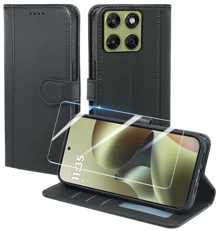 Pollachi Handyhülle für Motorola Moto G67/Moto G77/Moto G87 5G Hülle mit Schutzfolie,Magnetisch Tasche(3 Karten) Klapphülle PU Lederhüll Klapphülle mit Geldbörse Handyschutz (Schwarz)