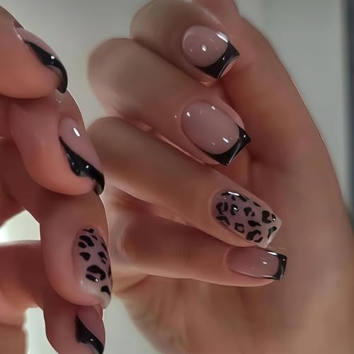 VOOSFSIE 24 pièces Court Carré Faux Onglesimprimé Léopard Noir Bord Français Press on Nails Réutilisables Faux Ongles Couverture avec Autocollants Adhesif Artificiels pour Femmes et Filles