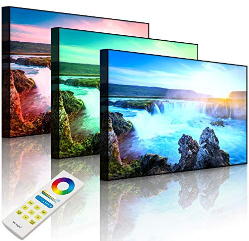Lightbox-Multicolor | Wandbeleuchtung LED Bild | Idyllische Wasserfälle bei Sonnenuntergang | 60x40 cm | Front Lighted