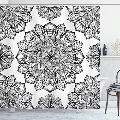 ABAKUHAUS Mandala Duschvorhang, Künstlerische Blumenmotiven, Stoffliches Gewebe Badezimmerdekorationsset mit Haken, 175 x 180 cm, Anthrazit grau Weiß