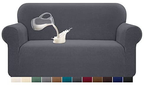Granbest Stretch Wasserdicht Sofabezug 1 Stück Sofahusse Spandex Jacquard Elastische Couchbezug mit Anti-Rutsch-Schaumstoffe (2 Sitzer, Grau)