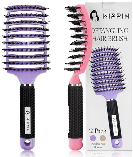 HIPPIH Boar Bristle Hair Brush Set of 2, Detangling Smoothing for Wet & Dry