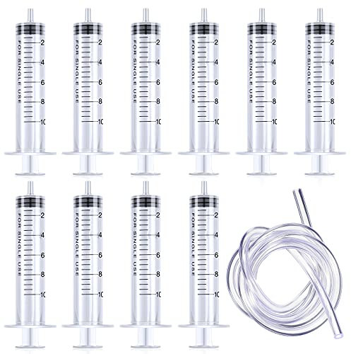 Nuanchu 11 Pieces 10ml Plastic Syringe with 3 ft Hose Tube Set Measuring Syringe for Scientific Labs Glue Applicator Experiments Refilling Feeding Use(0.6 x 4.1 Inch)