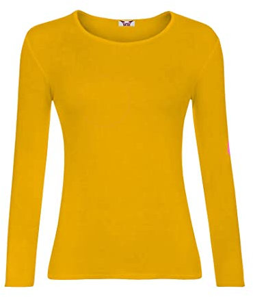 KATSSI Women’s Ladies Long Sleeve Stretch Plain Round Scoop Neck T Shirt Top ML Mustard