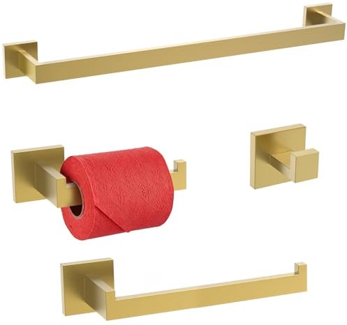 TURS Gebürstetes Gold Badezimmer Zubehör Set 4-teilig Badezimmer Hardware Set Quadratisch Handtuchstange Set Edelstahl Handtuchhalter Set
