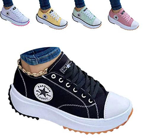 KFGJ 2022 Canvas Shoes Women Fashion Trainers, Femmes Plate-Forme Baskets Femme Chaussures Décontractées Compensées Formateurs Respirants Baskets Femme Femme Chaussures en Maille, Noir, 36 EU