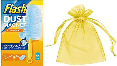 Flash Dust Magnet (Handle Size 30cm), Duster Starter Kit Handle & Refills x 4 + Our Gift for You: Organza Bag Size 9x7x0.1cm