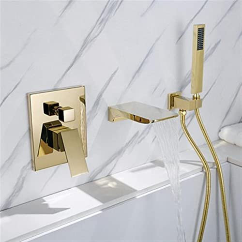 TAVCHA Badewannenarmatur mit Handbrause Wannenarmatur Wasserfall Mischbatterie Badewanne Unterputz mit Handbrause Badewannenarmatur Wasserfall mit Brause,Gold