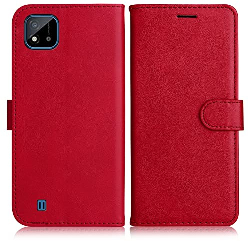 DENDICO Hülle für Oppo Realme C11, PU Leder Brieftasche Handyhülle, Flip Tasche TPU Schutzhülle mit Kartenfach für Oppo Realme C11, Rot