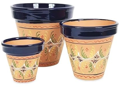 Verano Spanish Ceramics Outdoor Living Terracotta Dipped Inca Blue Classic Pots - Decorative New Home Garden Yard Patio Décor Gardening Herb Flower Plant Pots - Set of 3-16x14, 23x22, 29x27cm