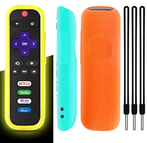 Wevove 3 Pack Remote Case for Roku, Cover Compatible with TCL Roku Smart TV Steaming Stick, Roko TV Remote Cover Silicone Protective Controller Universal Sleeve (Glow Yellow, Orange, Sky Blue)