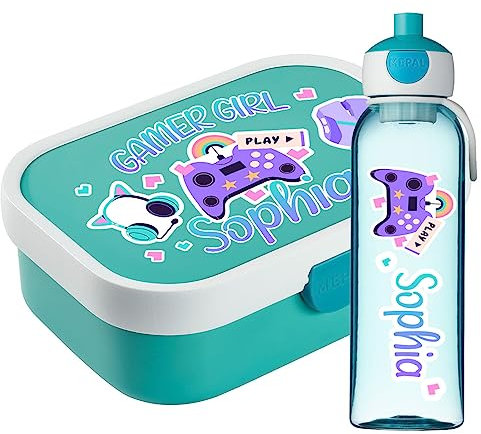 Lunchbox Set für Kinder Jungen zur Schule Personalisiert mit Namen Brotdose Wasserflasche Trinkflasche BPA frei Essen für Unterwegs mit Gabel und Bento Fach To Go Gamer Girl [153]