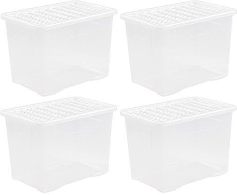 80L Large Crystal Storage Boxes with Lids Strong Plastic Stackable Nestable Container Home Office for Home, Office, Kitchen, Toys and Goods Made in the UK (Pack of 4)
