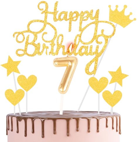 HONGCI Happy 7th Birthday Cake Topper & Birthday Candle Gold Number 7 Candle for Birthday Cake - 7th Birthday Candles Cake Cupcake Topper Birthday Cake Decorations for Boys Girls Birthday Gold