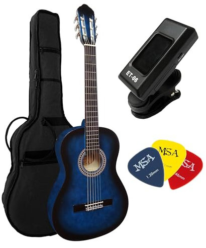 4/4 GITARREN SET- KONZERT GITARRE IM SET - CLASSIC - BLAU- DECKE LINDENHOLZ - STIMMGERÄT - TASCHE - 3xPIKS
