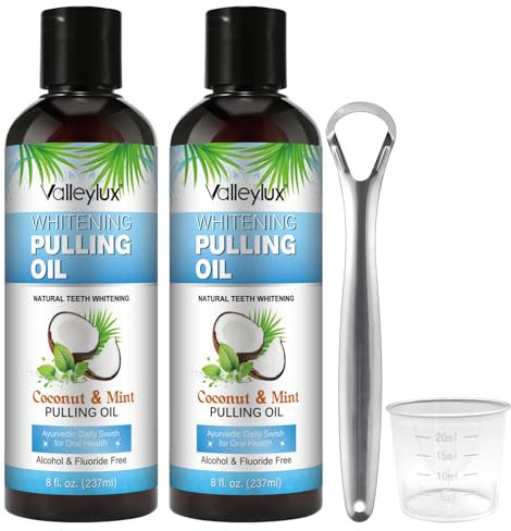 8 Fl.Oz Lot de 2 huiles de noix de coco, eau de bouche avec gratte-langue, sans alcool, huile de noix de coco naturelle et menthe poivrée pour blanchiment des dents, haleine fraîche