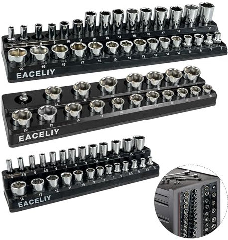 EACELIY 3Pcs 1/2, 1/4 and 3/8 Magnetic Socket Organizer Set,Metric Socket Holder Kit, Socket Trays，holds 75 Deep and Shallow 3/8 Sockets(sockets not included)