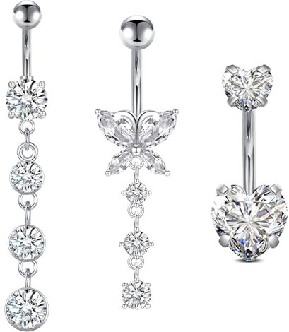 WillTen 3Pcs Bauchnabelpiercing Silber Chirurgenstahl, 14G 10mm Bauchnabelpiercing Schmetterling Herz Bauchnabelpiercing Set mit Anhänger, Piercing Bauchnabel Belly Piercing Bauchnabelpiercing Ring