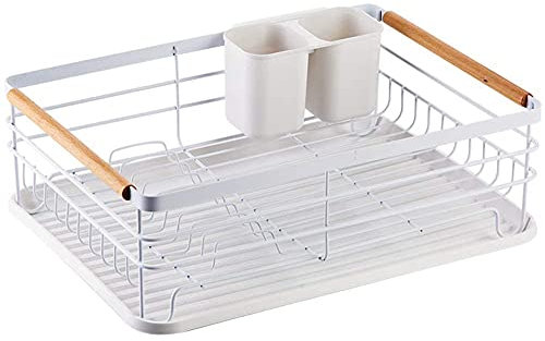 PINZHEN Escurridor de Platos con Mango de Madera y escurridor, Plato de Cocina, Taza, escurridor de Platos con Bandeja extraíble para Cubiertos y Soporte para Utensilios, Blanco, 42 cm, Anti-
