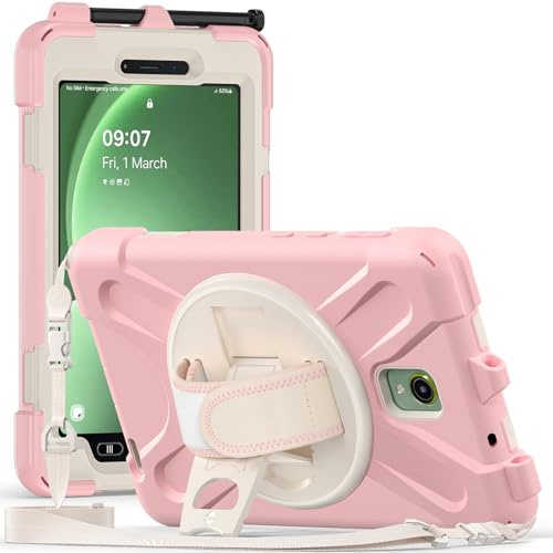 Fonrest Rugged Case for Samsung Galaxy Tab Active5 5G 8'' (SM-X300/X306B 2024)/Active 3 T570/T575 w/ 360° Rotatable Kickstand, Heavy Duty Shockproof Armor Cover w/Hand/Shoulder Strap (Pink)