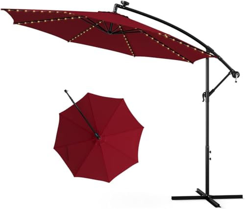 SPOTRAVEL 3M Garden Parasol, Banana Offset Sun Shade with LED Lights, Tilt Design Crank and Cross Base, Outdoor Cantilever Hanging Umbrella for Beach Poolside Patio (Wine)