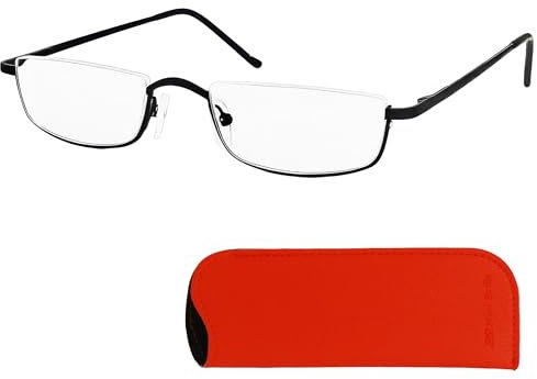 Mini Brille Metall Halbrand oben Lesebrille Halbbrille Rechteckig, Gratis Etui und Brillenputztuch, Edelstahl Rahmen (Schwarz) mit Federscharnier, Lesehilfe Damen und Herren +2.5 Dioptrien