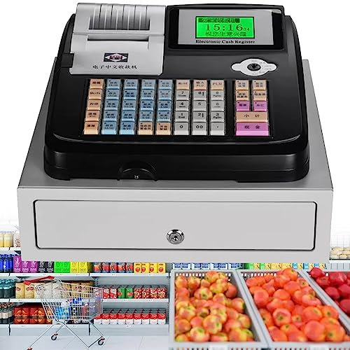 XNYXLPP Elektronische Registrierkasse, für kleine Unternehmen, intelligente Kassen mit abnehmbarem Kassenfach und Thermodrucker, 48 Tasten, vollenglische Tastatur (Black)