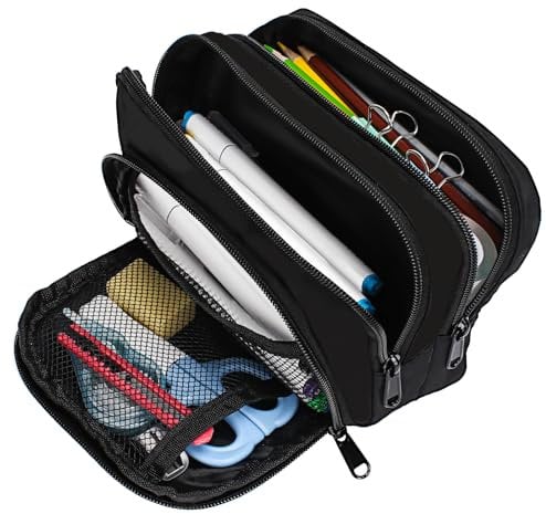 Euqvunn Trousse Crayons Grande Capacité avec 3 Compartiments - Sac de Papeterie Organisateur pour Fourniture Scolaire et de Bureau, Adaptée pour Garçons, Filles et Adultes - Noir
