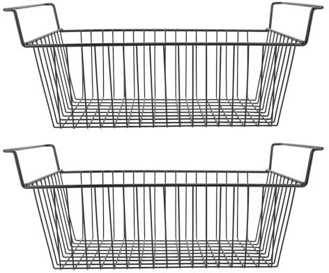 Lot de 2 boîtes de rangement empilables en fil métallique pour congélateur - Noir - 56,5 x 25,2 x 24 cm (poignée de 7 cm)