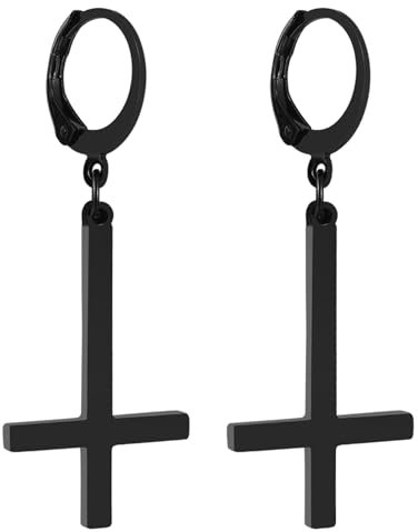 OIDEA Inverted Cross Earrings for Men Women: Black Punk Stainless Steel Upside Down Cross Earrings Drop Dangle Huggie Hoop Earrings Gothic Christian Jewelry Gifts