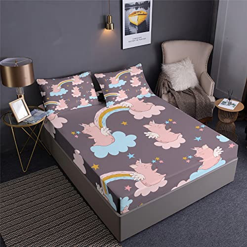 Boasorte Spannbetttuch Set Einhorn Schwein Tiermagie Design Bettwäsche Fantasievolle Pigcorn,Mit Spannbettlaken+2 Kissenbezügen (3PCS) Oder Bettdecke (4PCS) (D,King-4PCS)