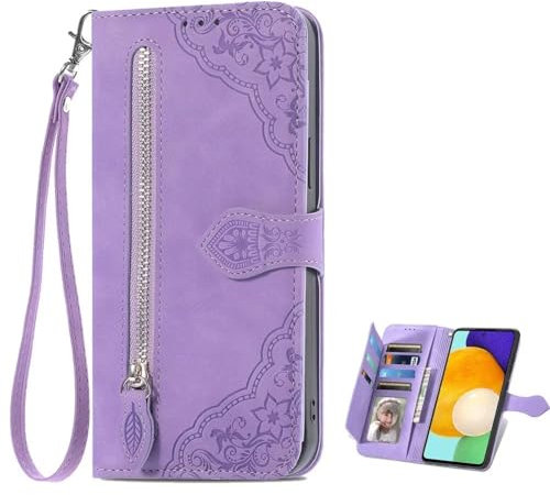 TIANYUE Hülle für HMD Aura, Geprägtes Muster Reißverschluss Handyhülle mit 7 Kartenfächer Standfunktion Geldbörse Trageband Schutzhülle Flip Wallet Case für HMD Aura-Violett