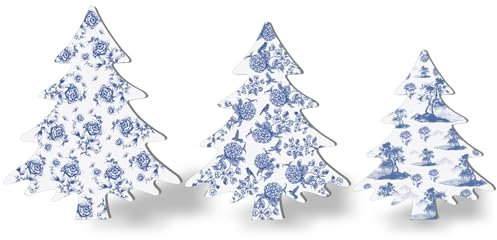 3-teiliges Chinoiserie-Weihnachtsbaum-Dekor aus Holz, blau-weiße Weihnachtsdekoration hölzerner aus Chinoiserie-Porzellan mit Sockel, Weihnachtsbaum-Tischdekoration