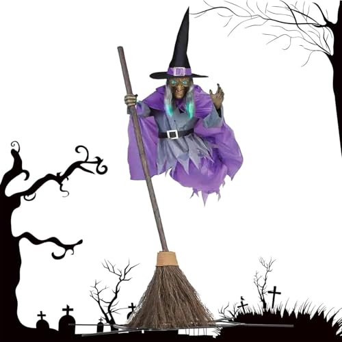 Halloween-Dekoration auf Besen, gruselige fliegende Hexe, Dekoration mit Augen, Lichtern und gruseligen Geräuschen, 180 cm - 195 cm, verstellbar, animierte schwebende Hexe, Animatronik für Cosplay,