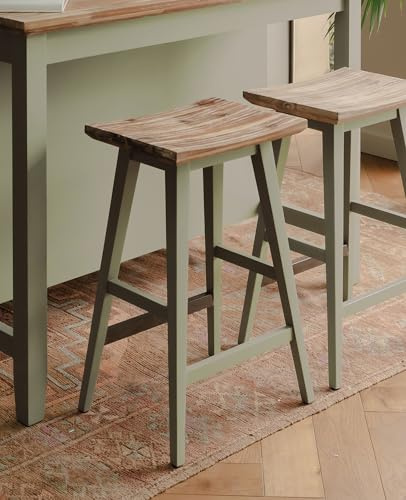 Florence Sage Green Breakfast Bar Stool, Acacia Hardwood Square Seat, Tapered Wooden Legs | W43 H65 D33cm | Ready Assembled Backless Barstool | Kitchen Island Counter, Chair, Dining (sage green)