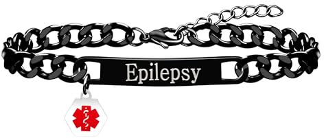 Uloveido Personalisiertes Medizinisches ID-Armband | Benutzerdefinierte Gravierte Epilepsie Medizinische Alarmarmbänder | Wasserdichtes Schwarz Plattiertes Kubanisches Kettenarmband für Männer Frauen