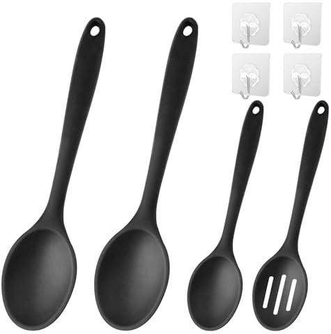 LLTLGF 4 cucharas de silicona, color negro antiadherente, cuchara de silicona, pequeña cuchara de silicona para la cocina, resistente al calor, mango largo, para cocinar, revolver, mezclar, hornear,