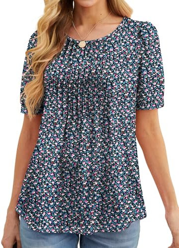 GRECERELLE Womens Summer Tops Casual Dressy Soft Short Sleeve Tunic Front Pleated Spring Crew Neck Tees T-Shirts Loose Blouse for Ladies (Rose Pink Flower, L)