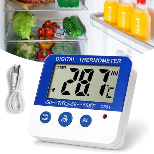 Digital Freezer/Fridge Thermometer with Magnet Mount and Stander Refrigerator Thermometer with LED Alarm Indicator Max/Min Memory Function Accurate Temperature Display in Celsius/Fahrenheit