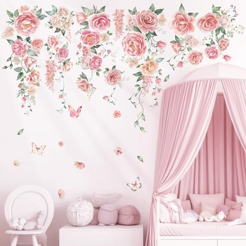 DECOWALL SG3-2428 Rose Vine Wall Stickers Room Decals Bedroom Living Flower Décor Art Floral Pink tv Decoration Butterfly Nursery Peel and Stick Background Removable Girls
