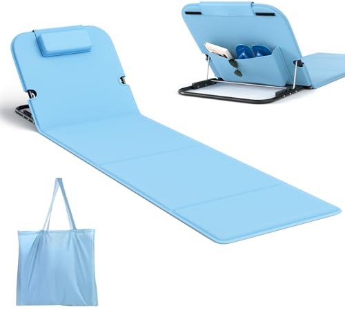 Matelas de plage pliable avec 5 dossiers réglables, 165 x 55 cm, avec appui-tête et sac de rangement, bleu, 1 pièce