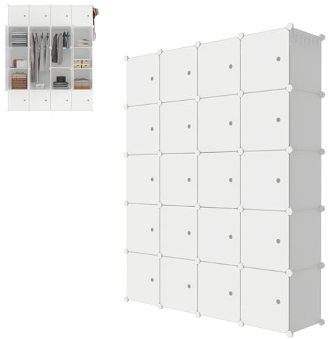 UISEBRT DIY Regalsystem Kleiderschrank aus Kunststoff Steckregal Kleiderschrank Garderobenschrank Schuhregal Kunststoffboxen, 20 Boxen mit Tür, Milchig mit Muster