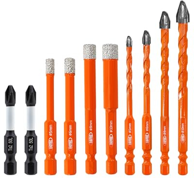 BGTEC Juego de Brocas de Carburo de Tungsteno - 10 Piezas Ø 5-10 mm Juego de Brocas Profesional con Punta PH2 para Madera, Plástico, Ladrillo, Cerámica, Vidrio, Hormigón y Mármol