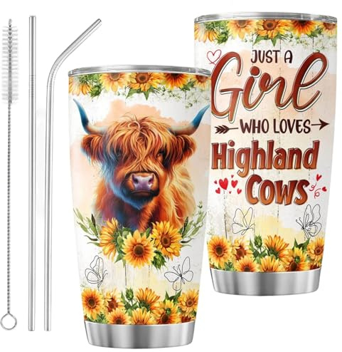 Cunegra Highland Cow Edelstahl Becher mit Deckel und Strohhalm, 600ml Hochlandrind Thermobecher mit Spruch, Edelstahlbecher mit Blumenmuster, Kuh Geschenke für Frauen