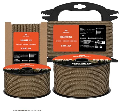 Manco Element Paracord 3mm 425 30m Cuerda Nylon 3 Hebras Tipo II Cordino | Negro, 100% Nylon, 192kg (425lbs) Capacidad de Carga, Ideal para Al Aire Libre, Camping, Supervivencia, Bricolaje, Bobina