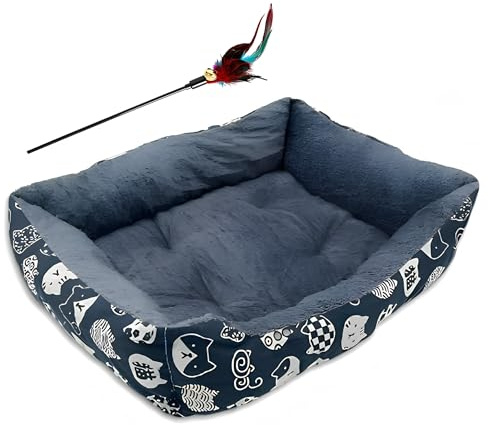 DECCART Katzenbett 70x50 Blau 70x50 cm | mit Katzenangel Hundebett aus robustem Stoff rutschfestem Boden Weiches Haustier Sofa Plüsch-Innenfutter für kleine Hunde